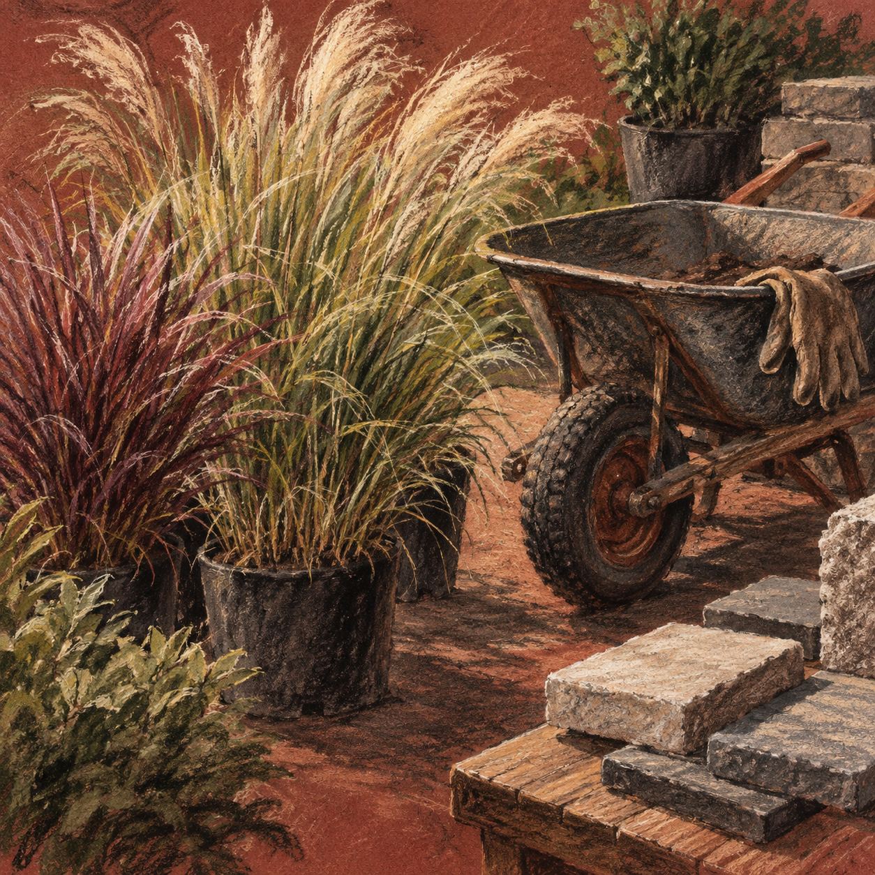 Illustration of landscape design yard: ornamental grasses, a parked wheelbarrow, stone samples