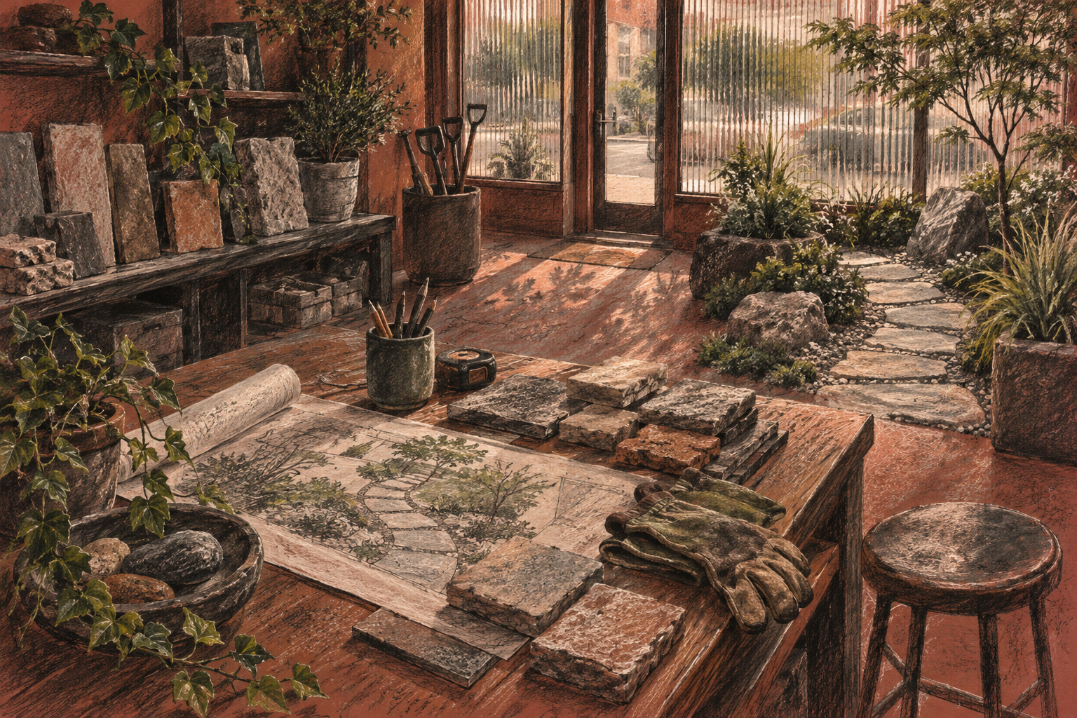 Illustration of landscape design yard: stone samples, folded work gloves, a small garden path