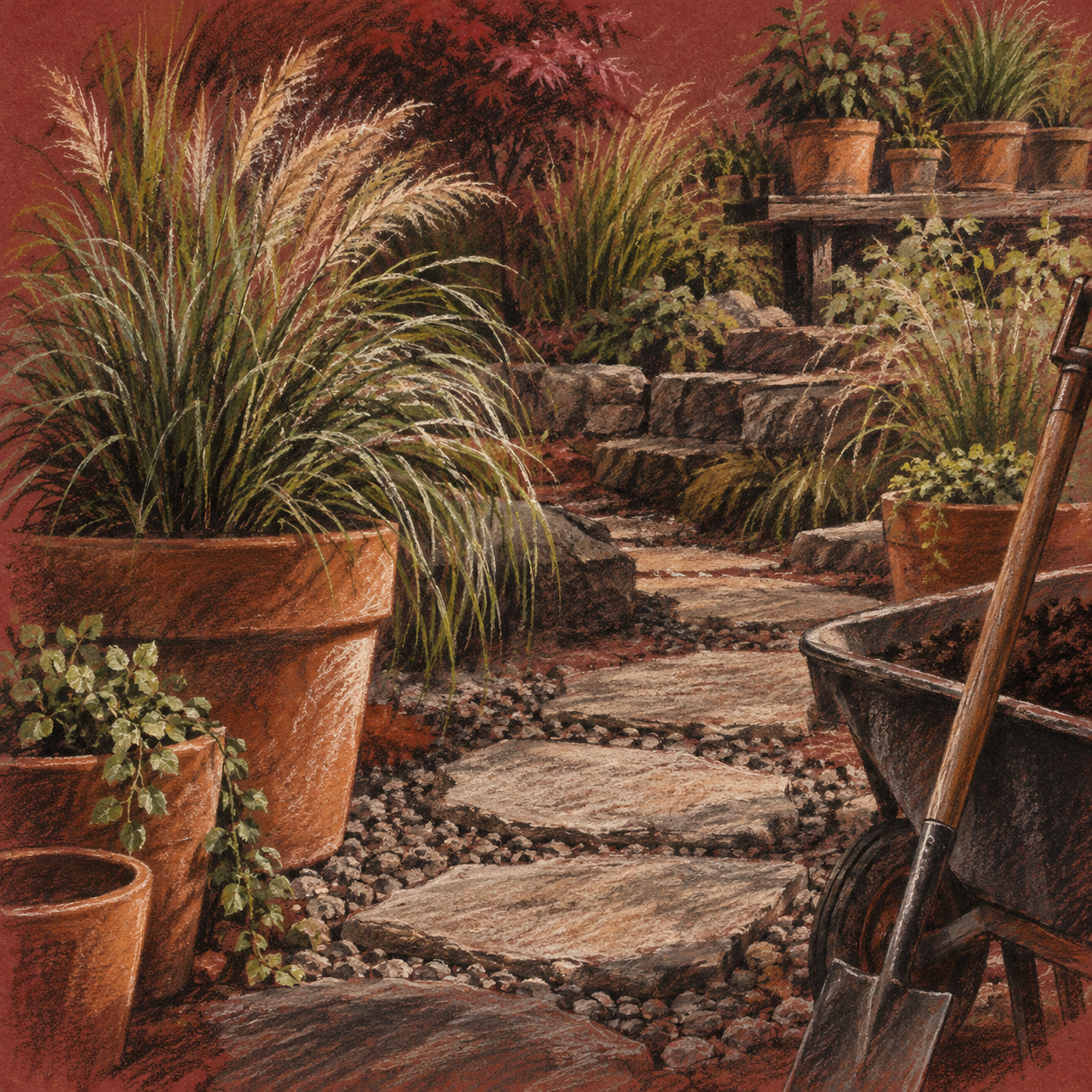 Illustration of landscape design yard: a small garden path, terra-cotta planters, ornamental grasses